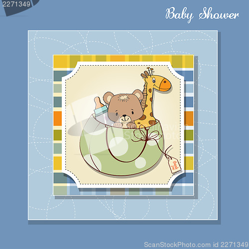 Image of new baby announcement card with bag and same toys