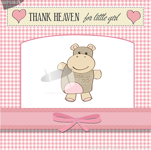 Image of childish baby girl announcement card with hippo toy