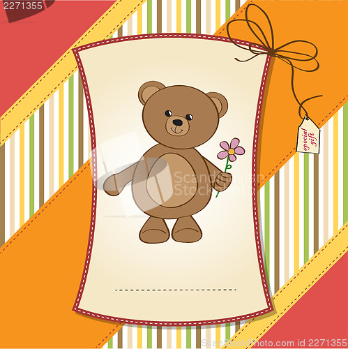 Image of happy birthday card with teddy bear and flower