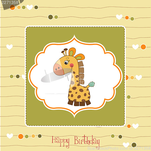 Image of birthday card with giraffe toy