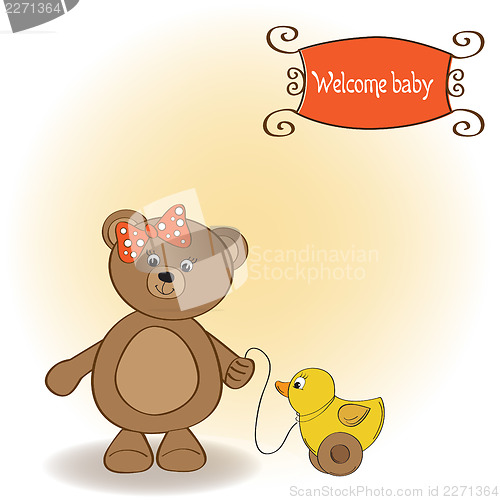 Image of welcome baby card with girl teddy bear and her duck