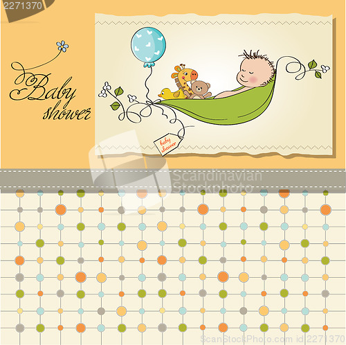 Image of little boy sleeping in a pea been, baby announcement card