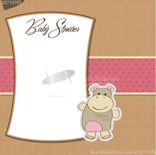 Image of childish baby girl announcement card with hippo toy