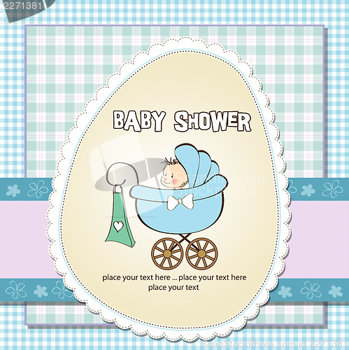 Image of baby boy announcement card with baby and pram