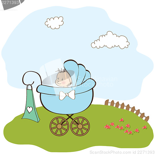 Image of baby boy announcement card with baby and pram