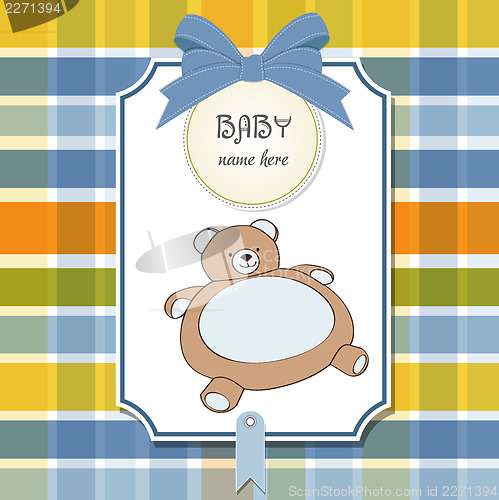 Image of baby shower card with teddy bear toy