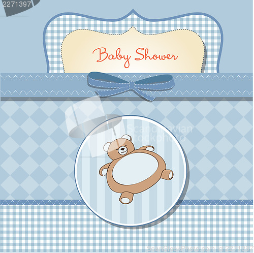 Image of baby shower card with teddy bear toy