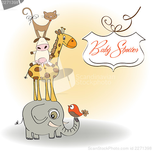 Image of baby shower card with funny pyramid of animals