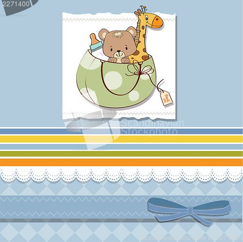 Image of new baby announcement card with bag and same toys