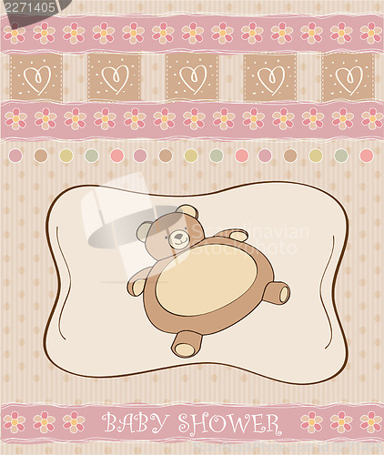 Image of romantic baby girl announcement card with teddy bear