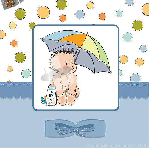 Image of baby boy shower card with funny baby under his umbrella