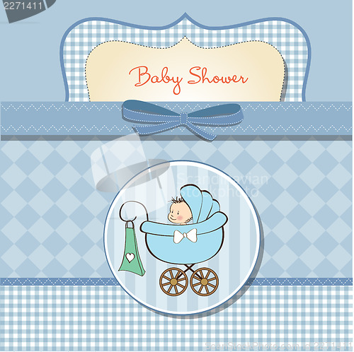 Image of baby boy announcement card with baby and pram