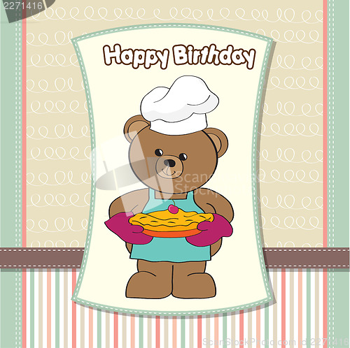 Image of teddy bear with pie. birthday greeting card