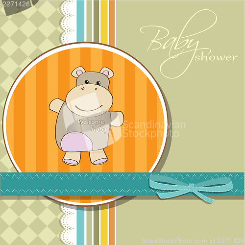 Image of childish baby girl announcement card with hippo toy