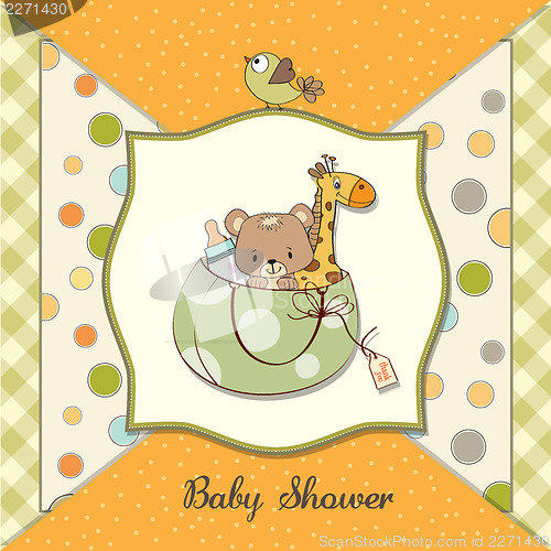 Image of new baby announcement card with bag and same toys