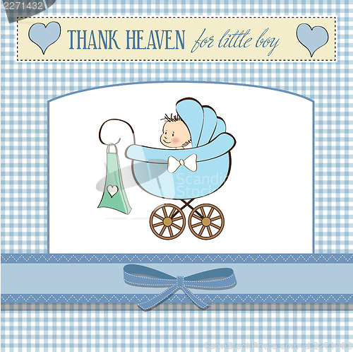 Image of baby boy announcement card with baby and pram