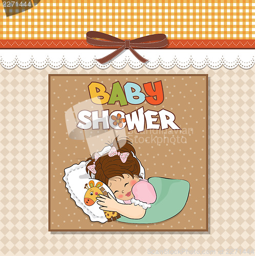 Image of baby shower card with little girl and her toy