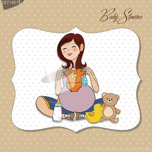 Image of happy pregnant woman, baby shower card