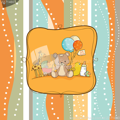 Image of new baby announcement card with bag and same toys