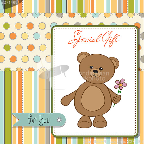 Image of happy birthday card with teddy bear and flower