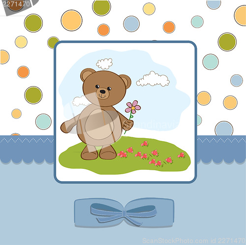 Image of happy birthday card with teddy bear and flower