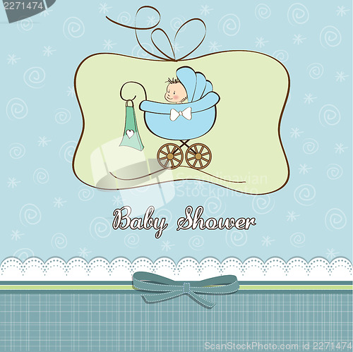 Image of baby boy announcement card with baby and pram