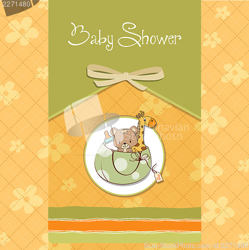Image of new baby announcement card with bag and same toys