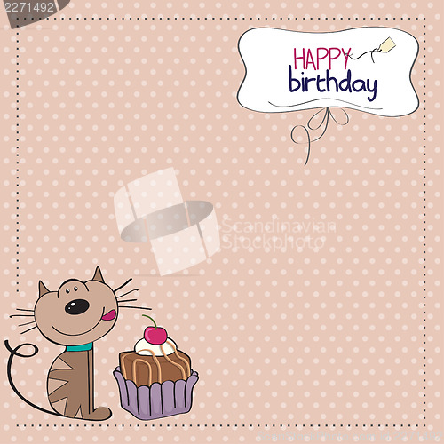 Image of birthday greeting card with a cat waiting to eat a cake