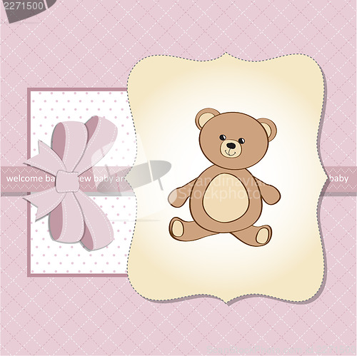 Image of romantic baby girl announcement card with teddy bear
