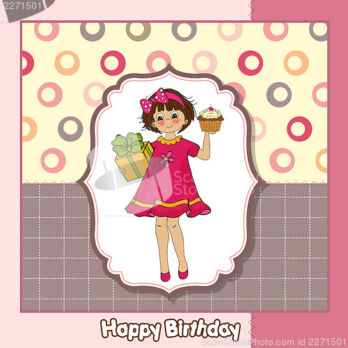 Image of birthday greeting card with girl and big cupcake