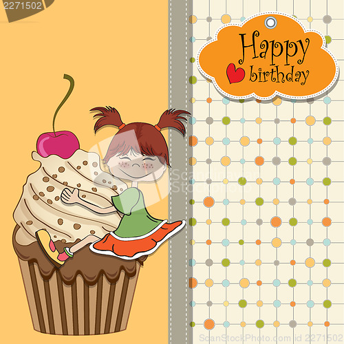 Image of birthday card with funny girl perched on cupcake