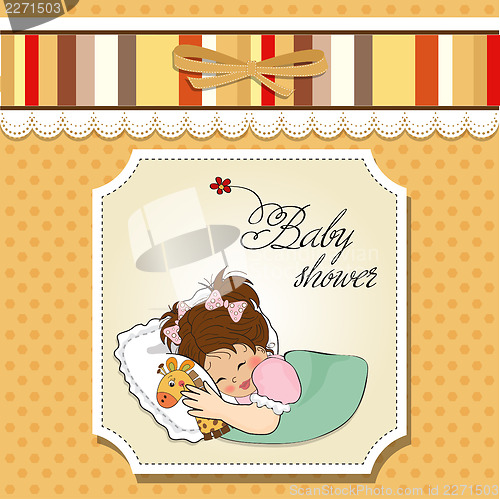 Image of baby shower card with little girl and her toy