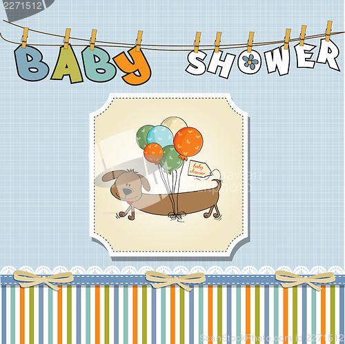 Image of baby shower card with long dog and balloons