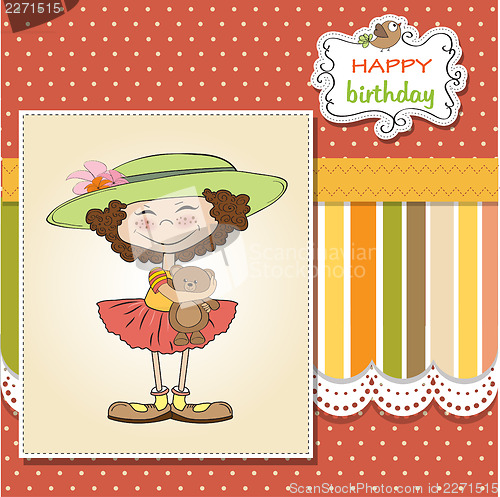 Image of cute birthday greeting card with girl and her teddy bear