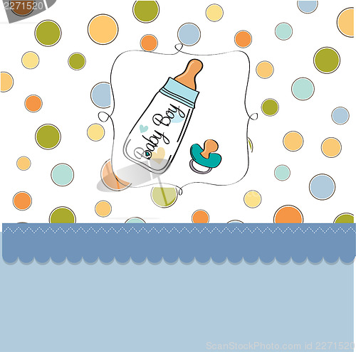 Image of baby announcement card with milk bottle and pacifier