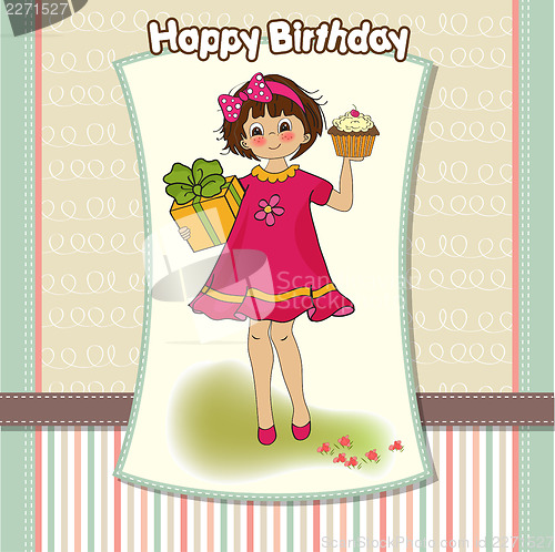 Image of birthday greeting card with girl and big cupcake