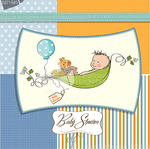 Image of little boy sleeping in a pea been, baby announcement card