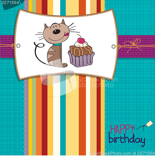 Image of birthday greeting card with a cat waiting to eat a cake