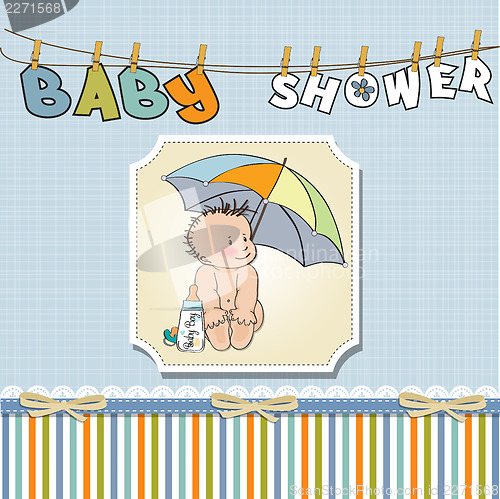 Image of baby boy shower card with funny baby under his umbrella