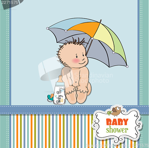 Image of baby boy shower card with funny baby under his umbrella