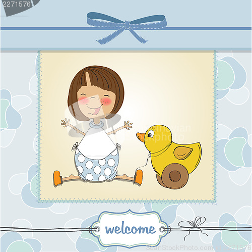 Image of welcome baby card with girl and and her duck