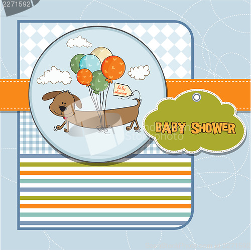 Image of baby shower card with long dog and balloons