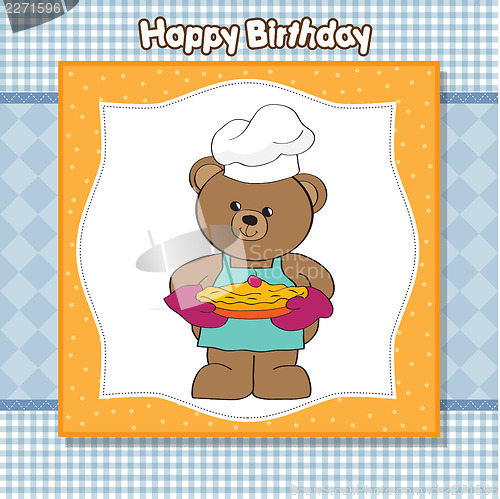 Image of teddy bear with pie. birthday greeting card