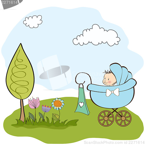 Image of baby boy announcement card with baby and pram