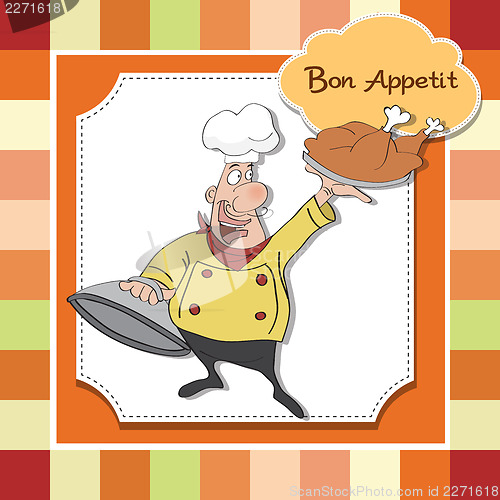 Image of funny cartoon chef with tray of food in hand