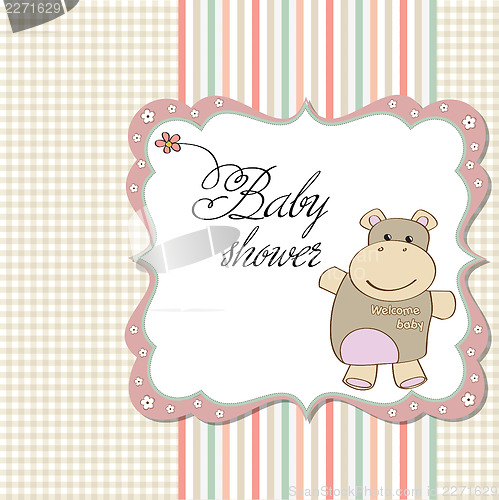 Image of childish baby girl announcement card with hippo toy
