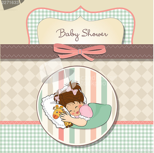 Image of baby shower card with little girl and her toy