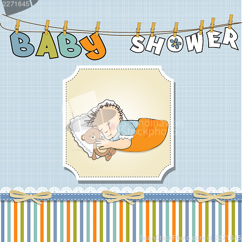 Image of baby shower card with little baby boy sleep with his teddy bear 