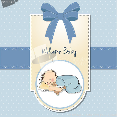 Image of baby shower card with little baby boy sleep with his teddy bear 