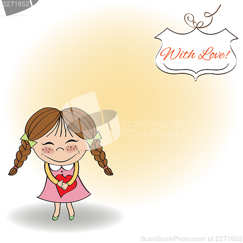 Image of Funny girl with hearts. Doodle cartoon character.